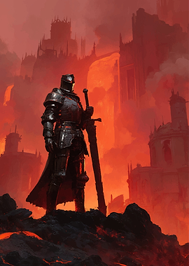 Knight in a fiery, ruined landscape