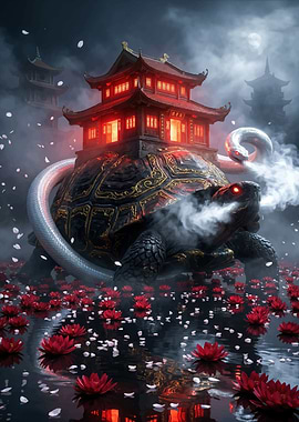 Mythical Turtle with Pagoda and Serpent