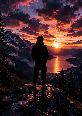 Man watching sunset over lake and mountains