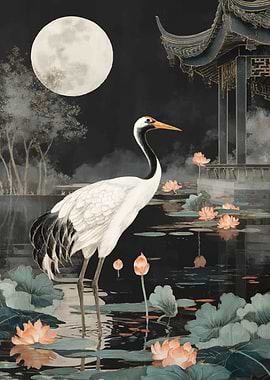 Crane and Pagoda by Moonlight