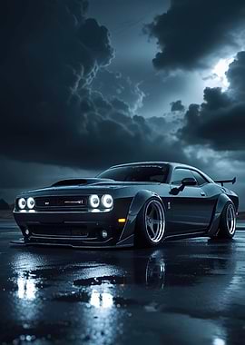Modified Dodge Challenger on Wet Road