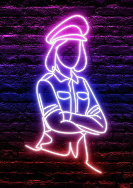 Neon Outline of a Uniformed Police Woman in a Hat