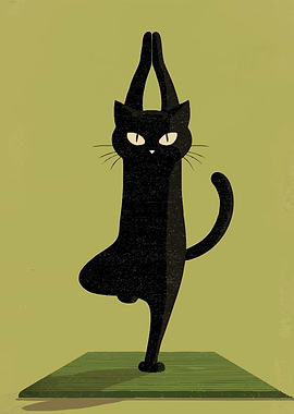 Black Cat Doing Yoga Tree Pose