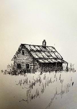 Rustic Log Cabin in Grassy Field