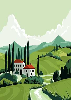 Tuscan Landscape with Villas and Cypress Trees