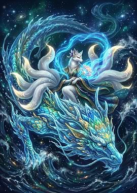 Mythical Fox Spirit and Dragon in Space