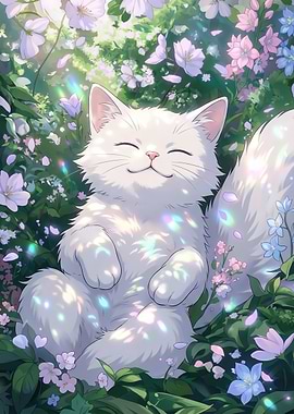 Cute White Cat in a Floral Garden