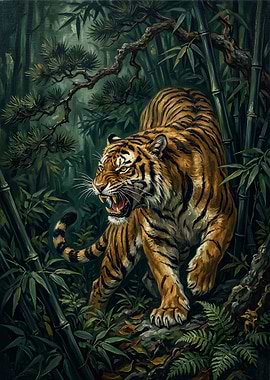 Fierce Tiger in Bamboo Forest