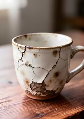 Cracked Ceramic Mug on Wooden Table