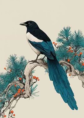 Magpie on a Pine Branch