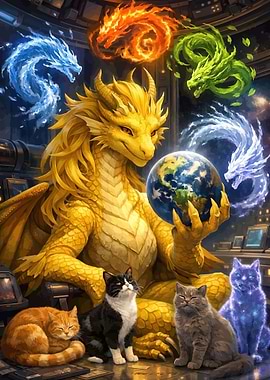 Golden Dragon Holding Earth with Elemental Dragons and Cats