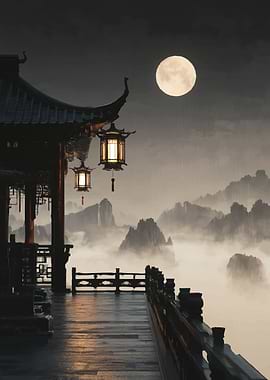Misty Mountain Pagoda Under Full Moon