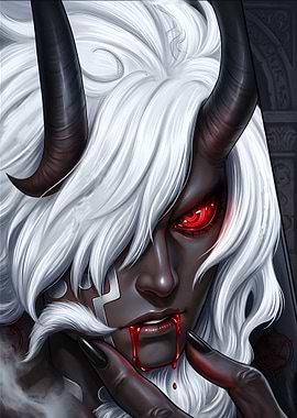 Demonic Figure with White Hair and Red Eyes