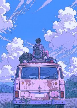 Person on top of a van looking at the sky