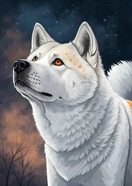Akita Dog Looking Up at Night Sky