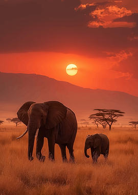 Elephants at Sunset in the Savannah