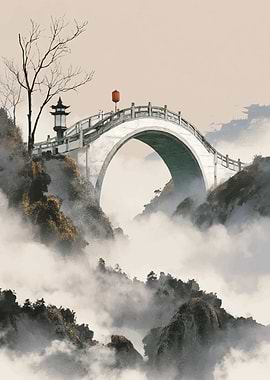Ancient Chinese Bridge in Misty Mountains