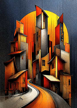 Stylized Cityscape with Sun