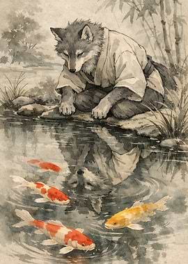Wolf by Koi Pond