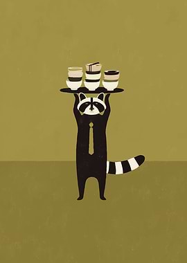 Raccoon waiter with stacked bowls