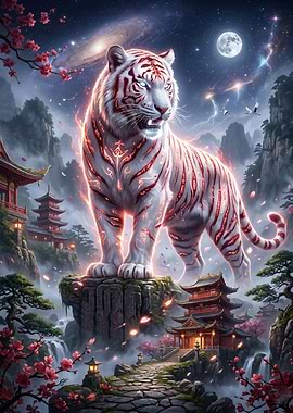Mystical White Tiger in Japanese Landscape