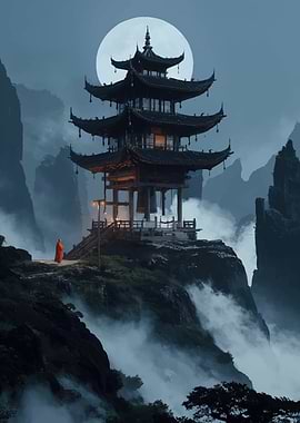 Monk at Pagoda Under Full Moon