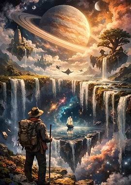 Adventurer Gazing Cosmic Waterfall Landscape
