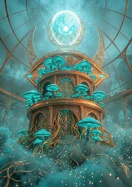 Enchanted Mushroom Temple with Celestial Orb