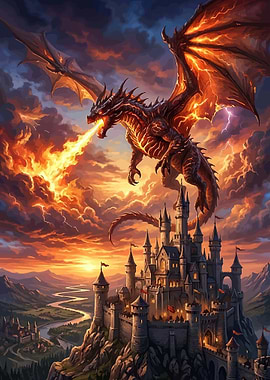 Dragon attacking a castle