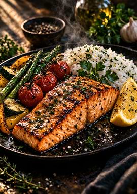 Grilled Salmon with Vegetables and Rice