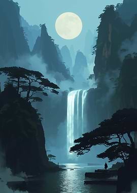 Serene Waterfall Landscape Under a Full Moon