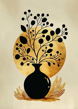 Abstract Floral Vase with Golden Sun