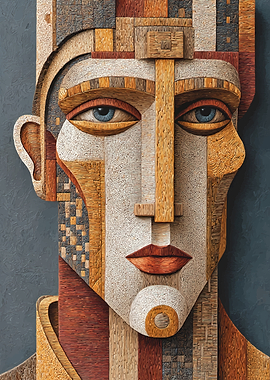 Cubist Portrait with Textured Wood Mosaic