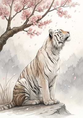 White Tiger Under Cherry Blossoms