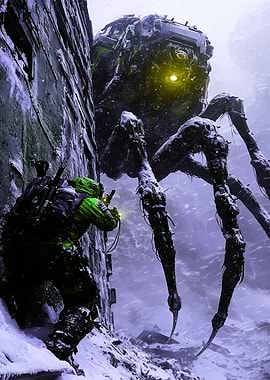 Soldier confronts giant spider robot in snow