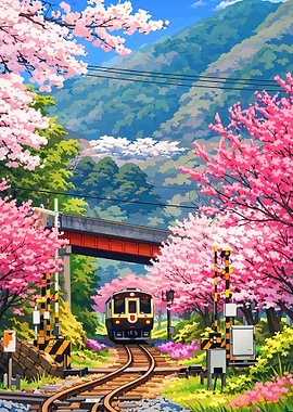 Train passing through cherry blossoms