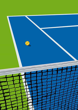 Tennis court with ball and net