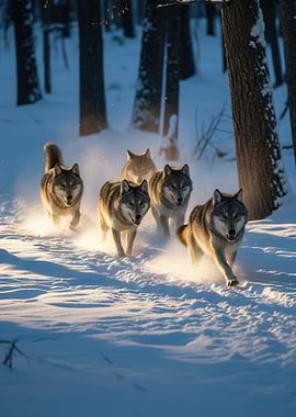 Wolves running through a snowy forest