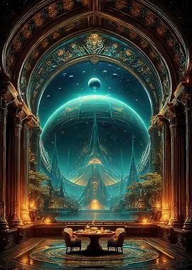 Futuristic Grand Hall with Cosmic View