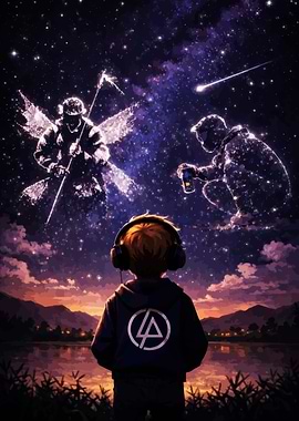 Boy with headphones looking at starry figures