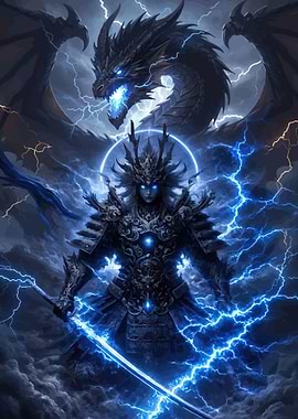 Dragon and Warrior in Lightning Storm