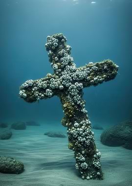 Underwater Cross Covered in Barnacles
