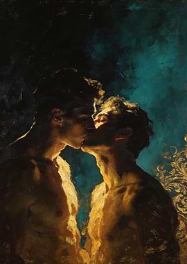 Two men kissing in dramatic lighting