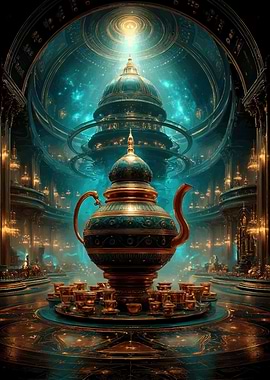 Ornate Teapot and Cups in a Cosmic Hall