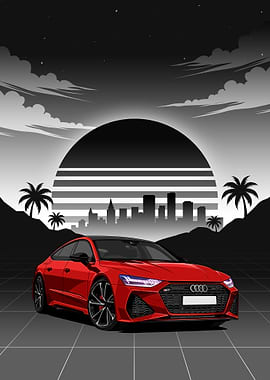 Retro Red Audi RS7 Cityscape Sunset
