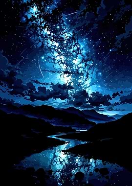 Starry Night Over Mountains and River