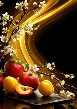 Peaches and Blossoms with Golden Swirls