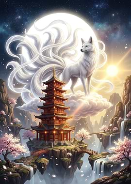 Mythical Fox Spirit Over Pagoda