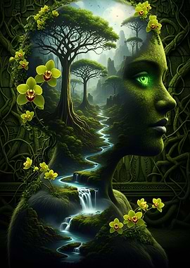 Nature Spirit Woman with Waterfall Landscape