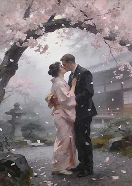 Couple kissing under cherry blossoms